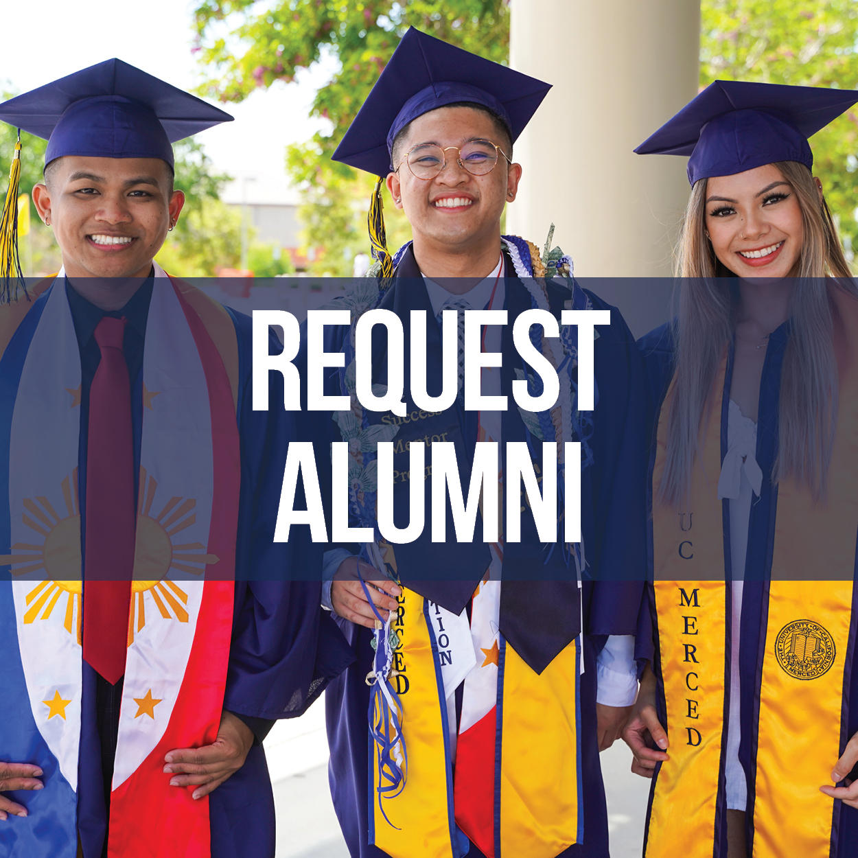 Two alumni and one alumna in their grad gowns