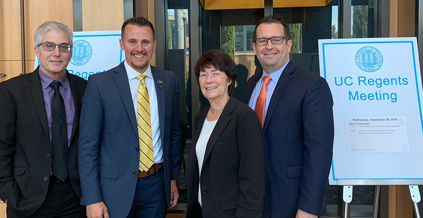 From left: Interim SSHA Dean Jeff Gilger, alumnus Michael Pierick ('16), Chancellor Dorothy Leland and Merced Mayor Mike Murphy at Wednesday's UC Board of Regents meeting.