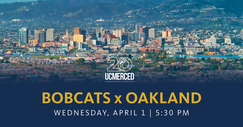 Aerial image of Oakland with a blue overlay featuring the text "Bobcats x Oakland on Wednesday, April 1 at 5:30 PM."