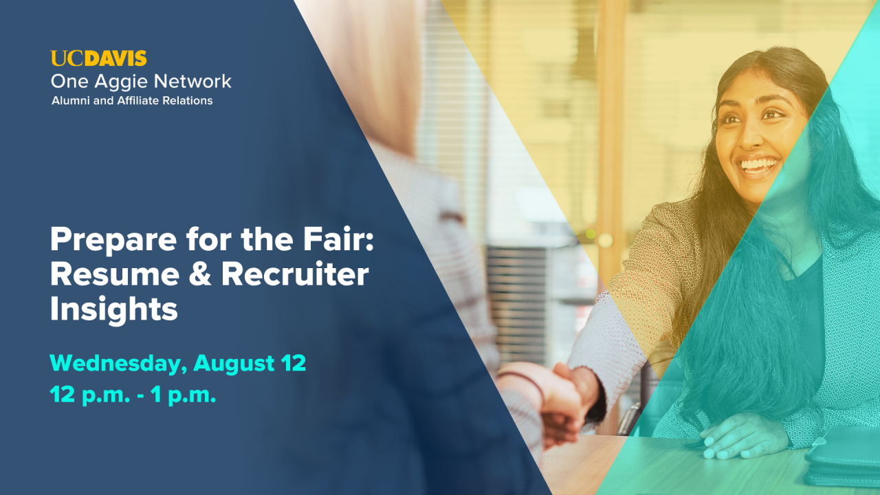 Two professionals shaking hands. Text promotes a career fair preparation session for Wednesday, August 12 at noon hosted by the UC Davis One Aggie Network.