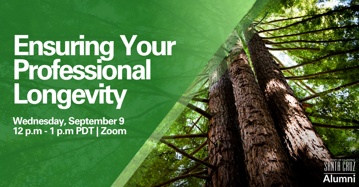 Tall redwood trees reaching toward a bright green sky with text about a professional longevity webinar event on September 9 from 12 to 1 p.m. PDT held on zoom.